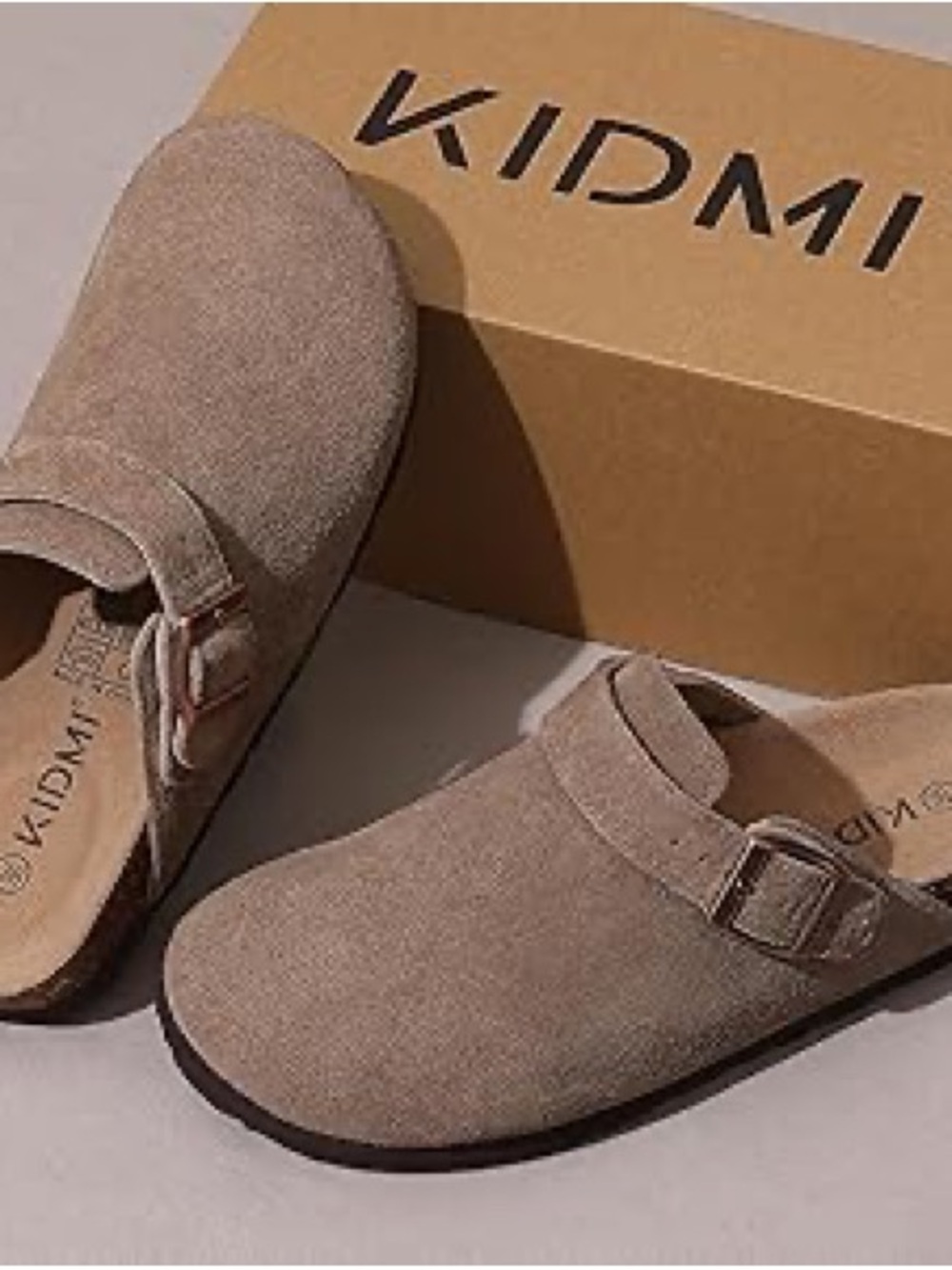Taupe Suede Clog Mules with Adjustable Buckle